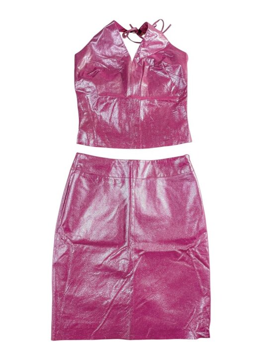Vintage Dresses & Skirts - Rare Vintage Y2K Express Hot Pink 100% Leather Halter Top Skirt Set Sz XS Fest
